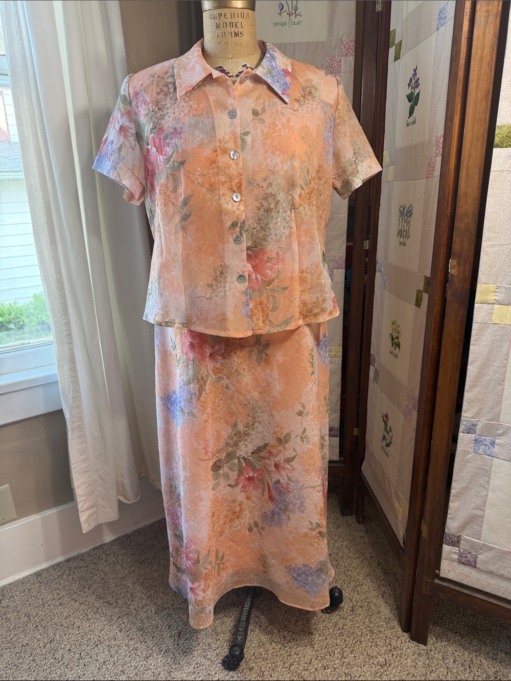 Vintage Y2K Karin Stevens Floral 2 Piece Dress Jacket Set Size 14 Peach